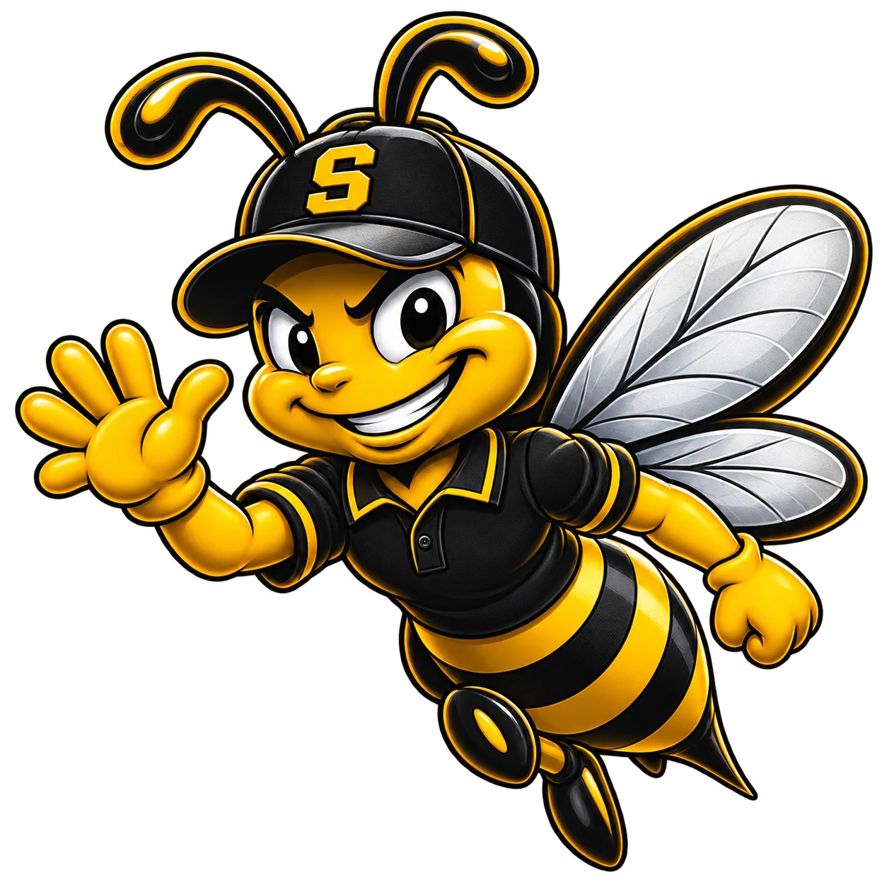 The Sandycroft bee flying and waving hello in its black and gold workwear