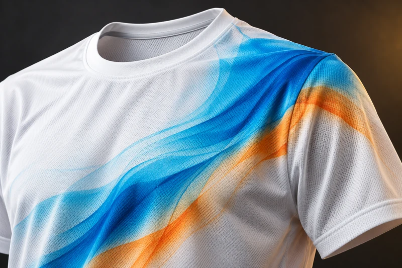 Illustrative white polyester sports shirt with blue and orange colour integrated into the fabric