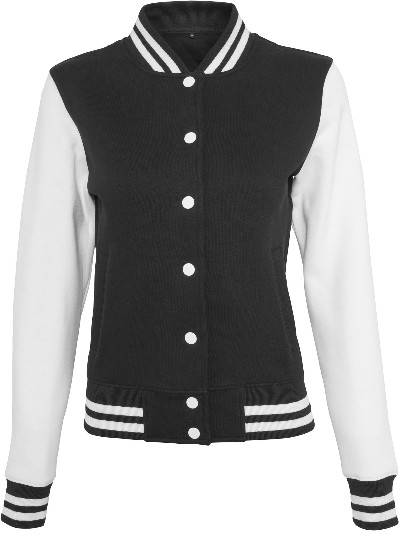 Women's sweat college jacket in Black/White, front view