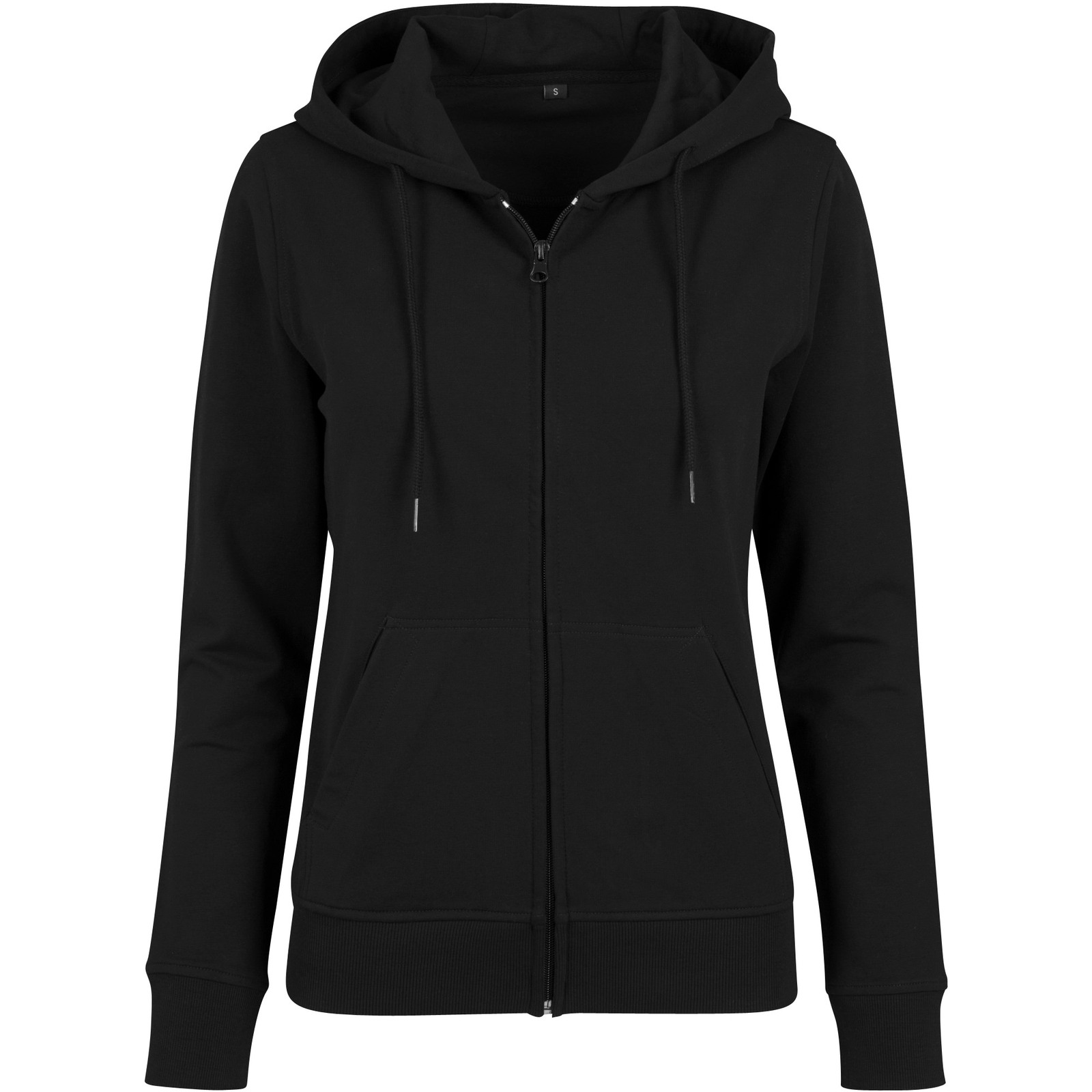 Women's terry zip hoodie in Black, front view