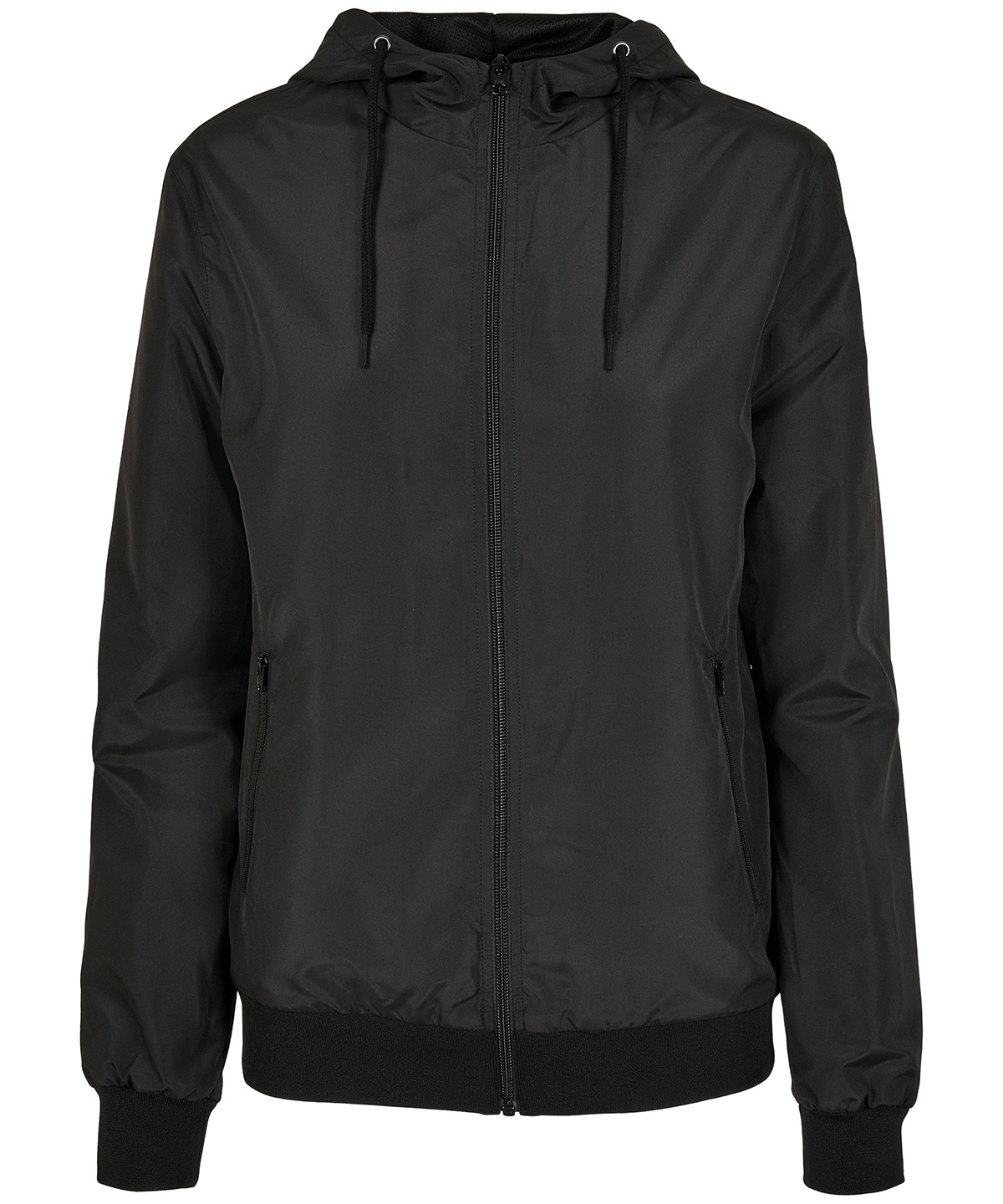 Women's recycled windrunner in Black/Black, front view