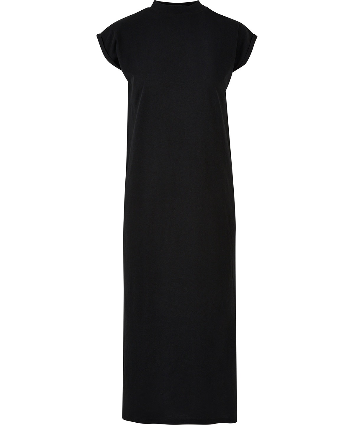 Women’s long extended shoulder dress in Black, front view