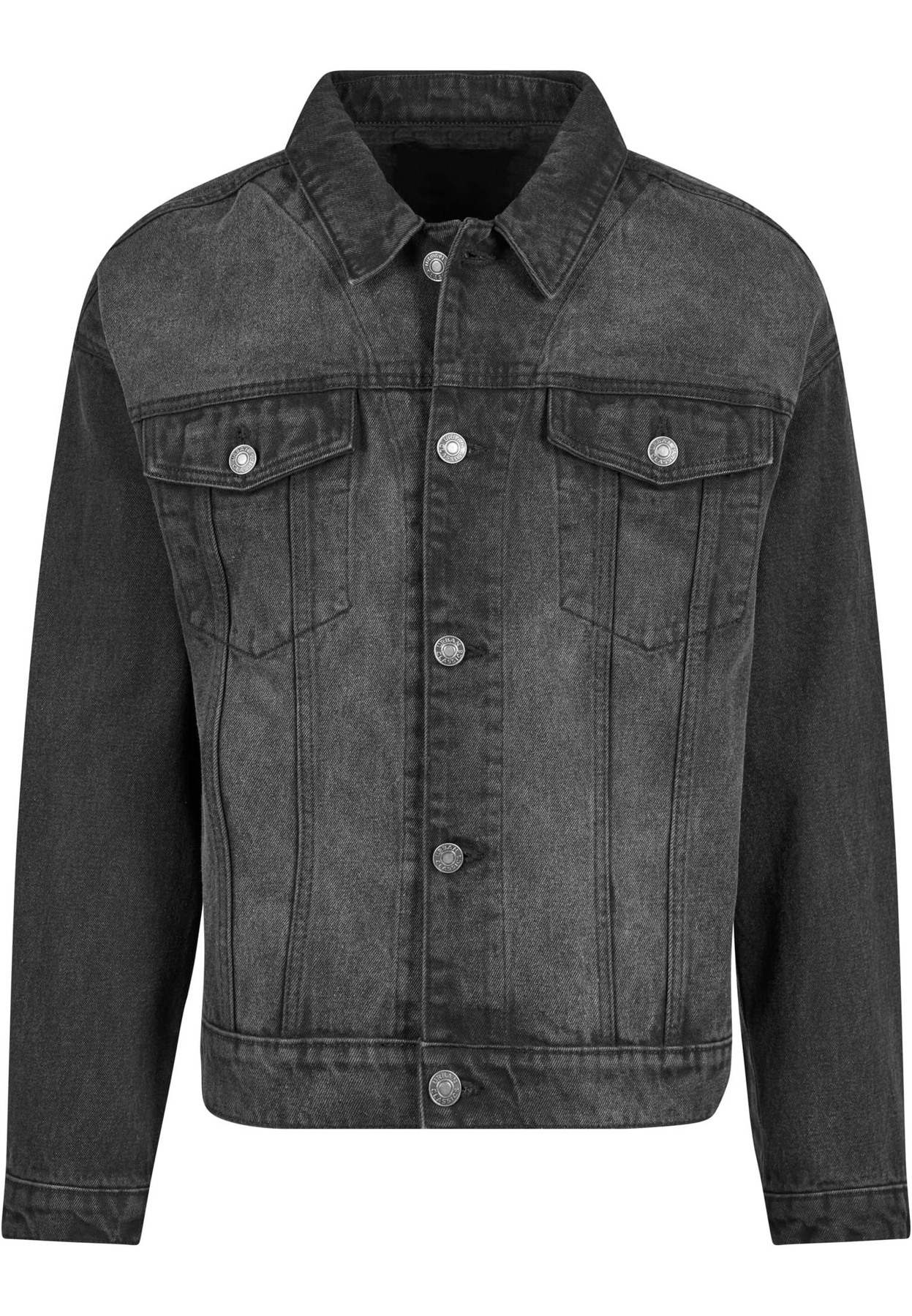 Heavy ounce boxy denim jacket in Black Washed, front view
