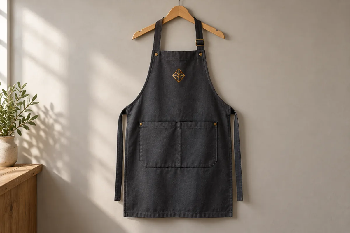 Illustrative charcoal bib apron with a small ochre stitched emblem