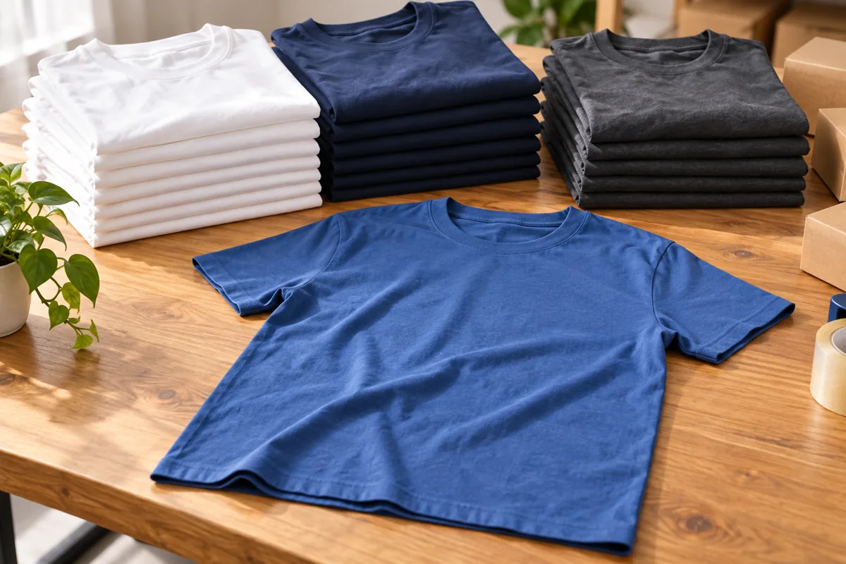Illustrative stacks of white, navy, charcoal and blue plain T-shirts