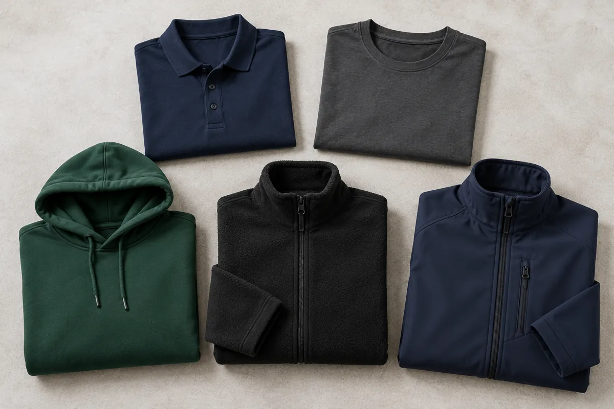 Illustrative coordinated mix of folded polo, T-shirt, hoodie, fleece and softshell