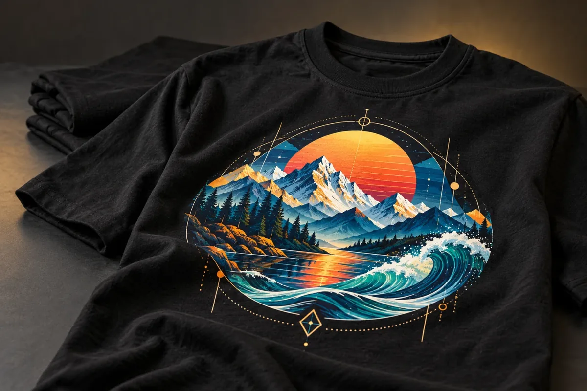 Illustrative black T-shirt with a detailed mountain and sun print