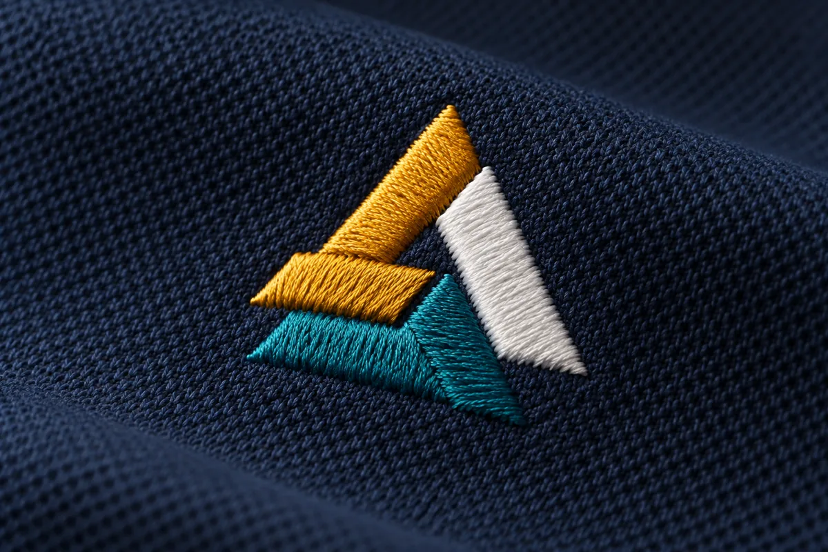 Illustrative ochre, teal and white embroidered geometric emblem on navy pique fabric