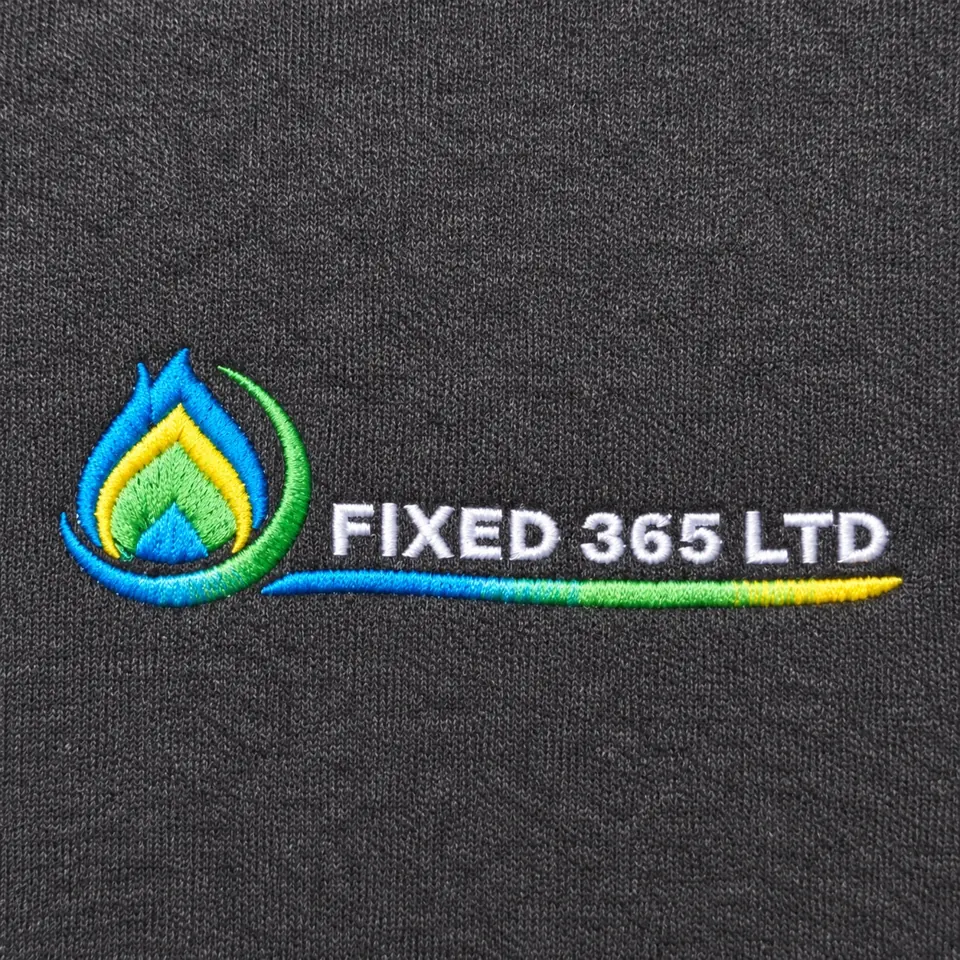 Fixed 365 Ltd multicolour embroidered logo on charcoal fabric