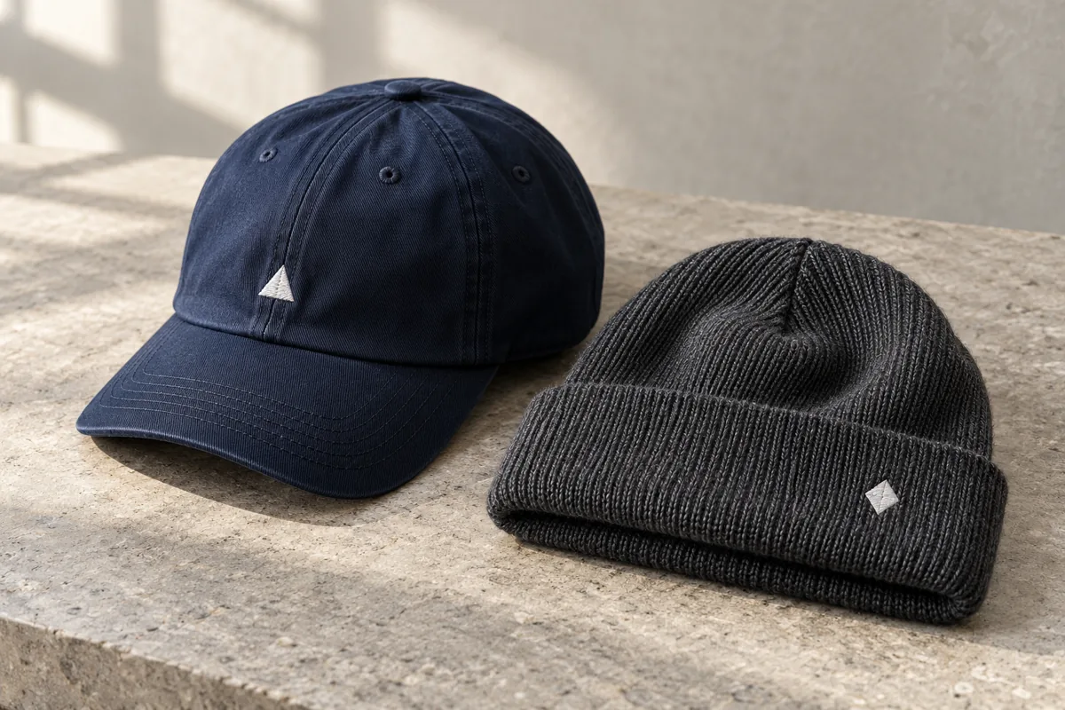 Illustrative navy work cap and charcoal beanie with small stitched emblems