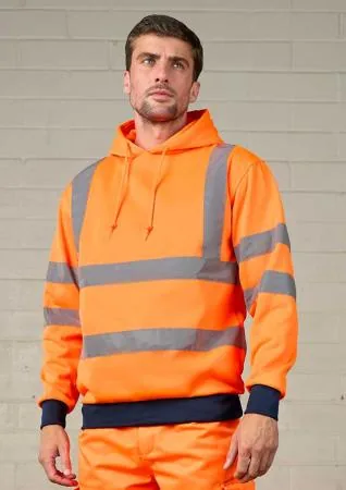 Model wearing an orange reflective hi-vis hoodie