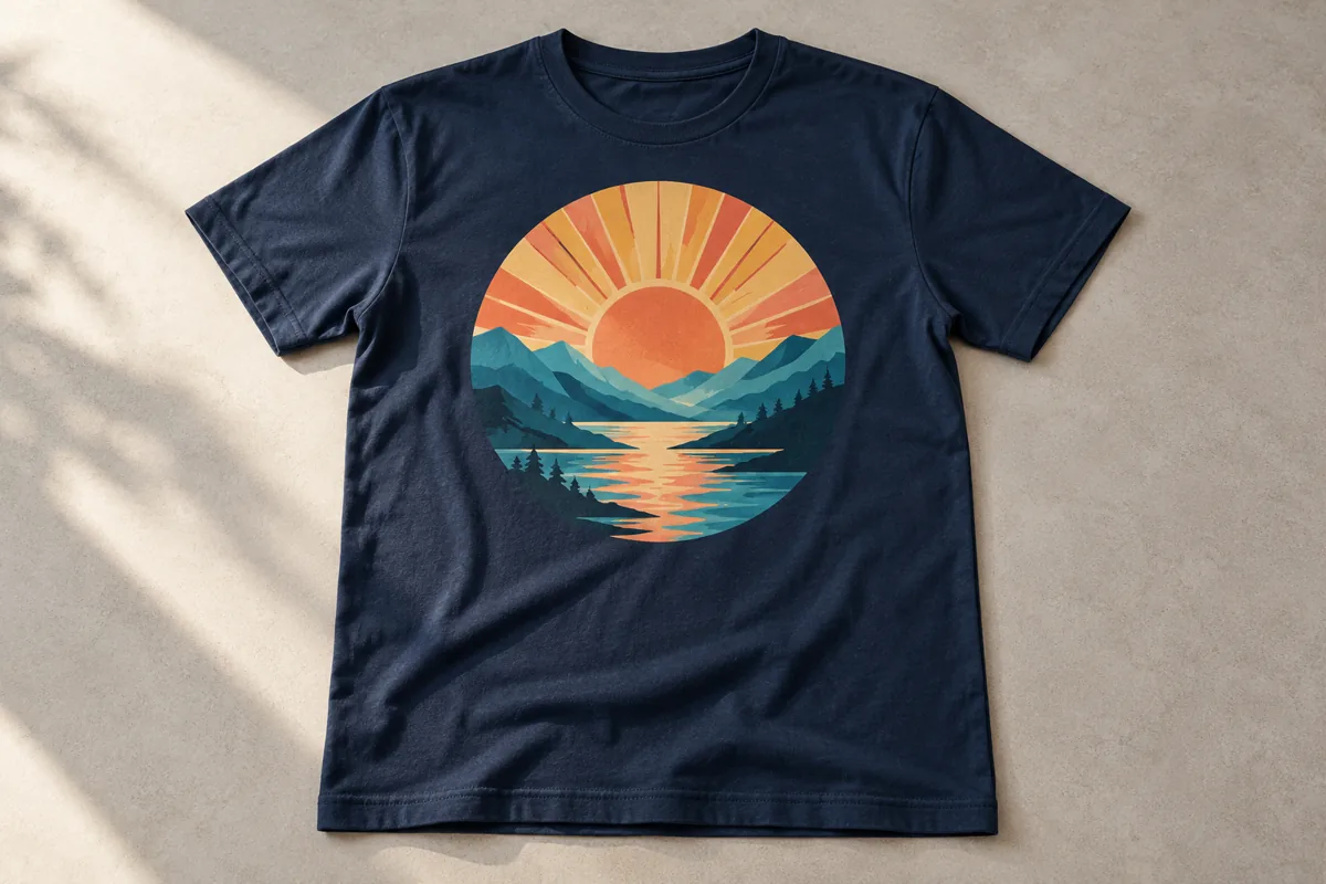 Illustrative navy T-shirt with a colourful sunrise design